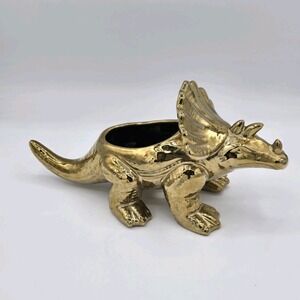 Triceratops Gold Metallica Dinosaur Planter Drain Hole Plant Pot 4.5 Inches Tall